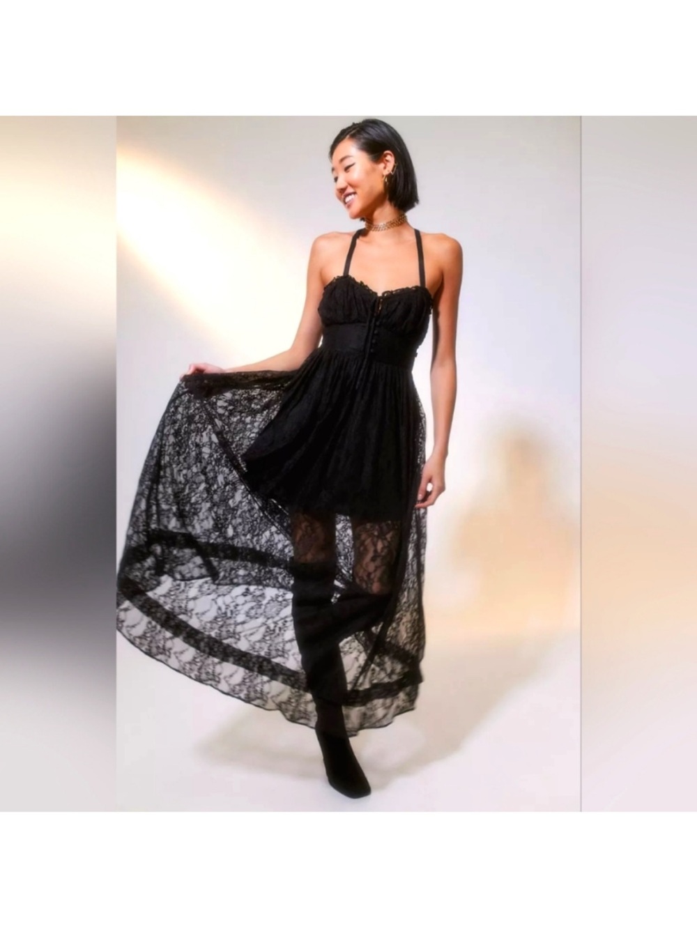 Urban Outfitters Cora Black Lace Midi Dress Open Back Lace-Up Romantic Goth Boho